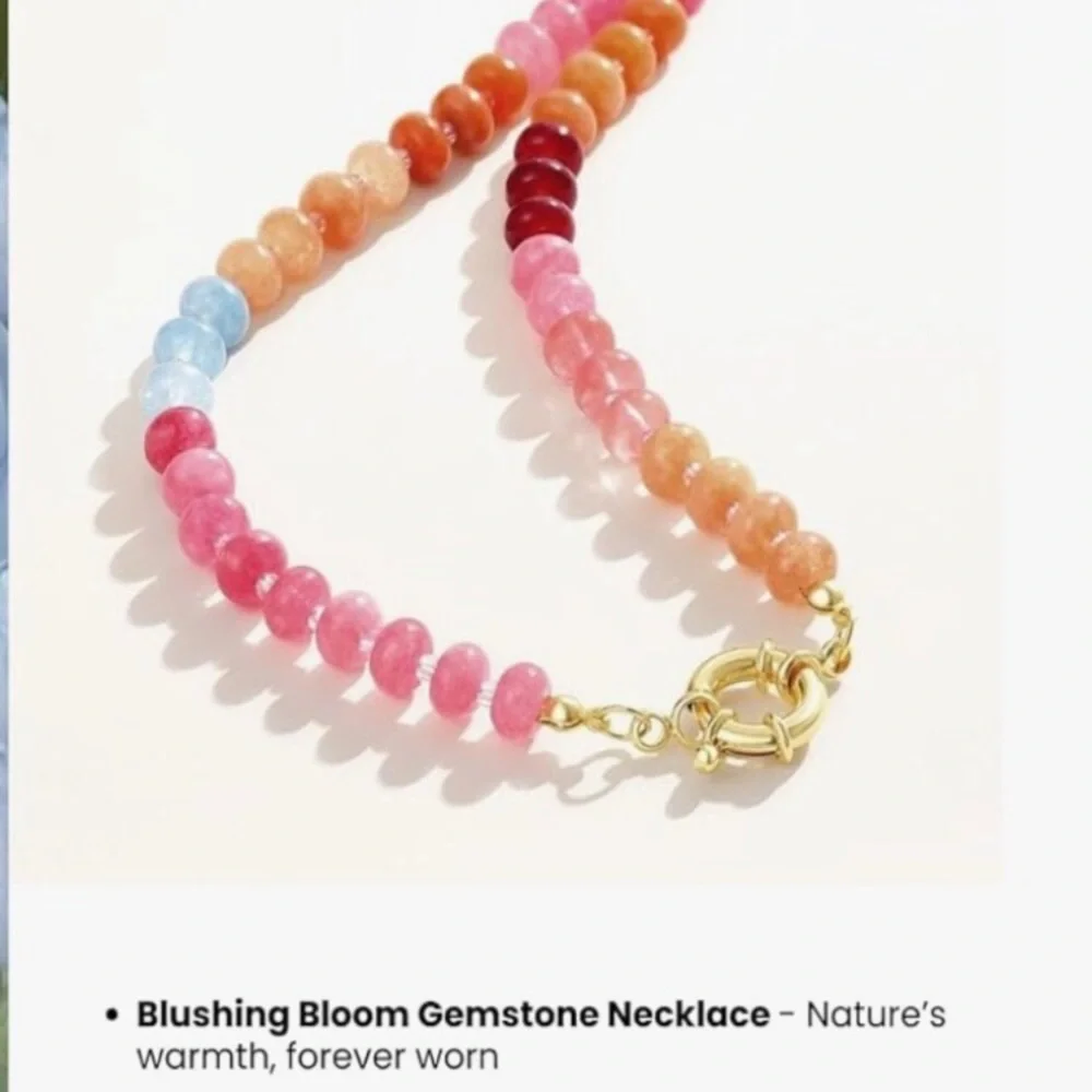 Multicolor Gemstone Beaded Necklace with Gold-Tone Clasp - Pink Blue Orange new